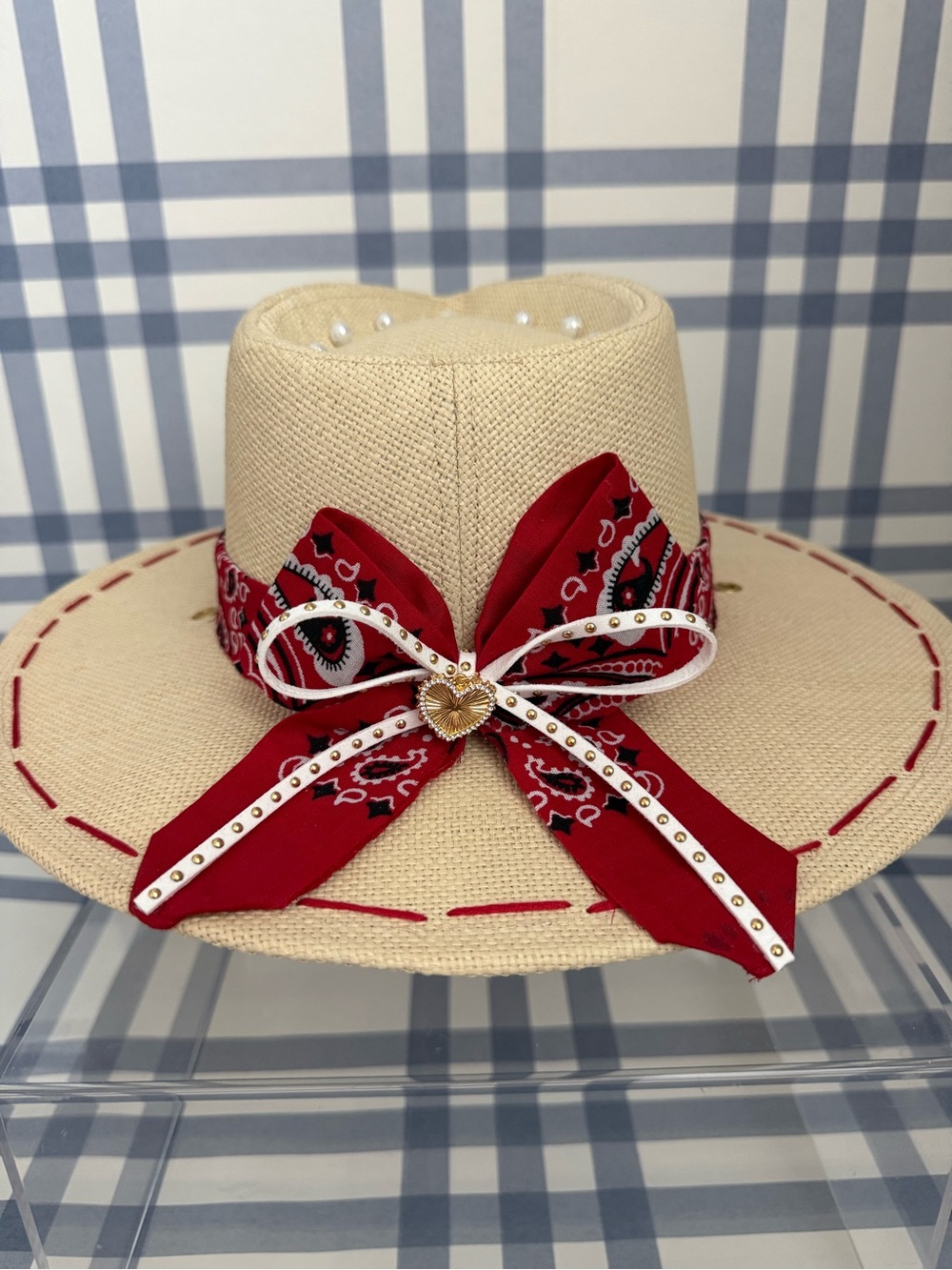 Beaded Cream Straw Cowboy Hat with Red Bandana Trim